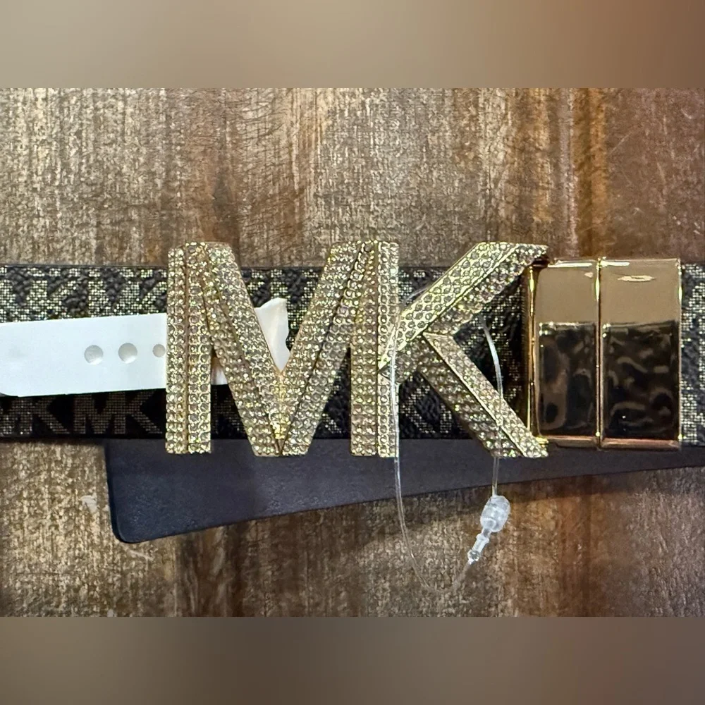 Michael Kors Sz LG Brn Blk Reversible MK Logo Belt w/Rhinestone Gold Buckle NWT